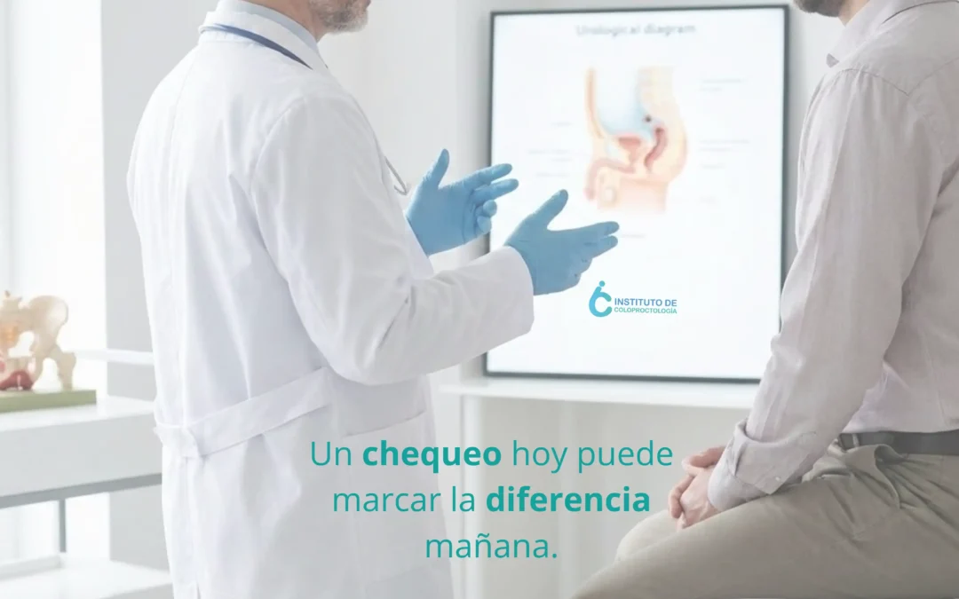 Doctor explicando procedimiento de examen de urología en hombres en consulta médica preventiva para diagnóstico temprano